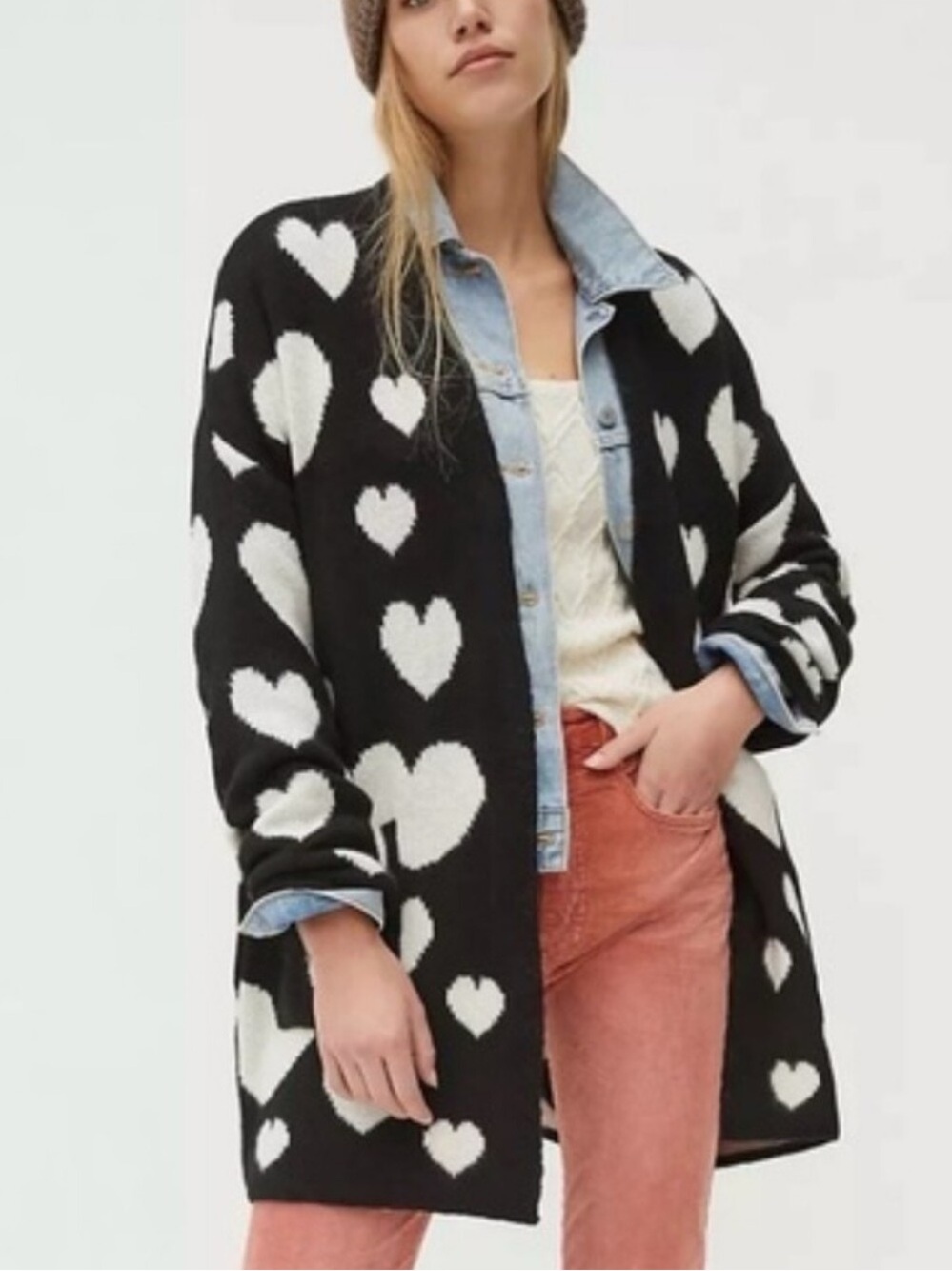 Maeve by ANTHROPOLOGIE Halley Hearts Black/White Cardigan Size M/L